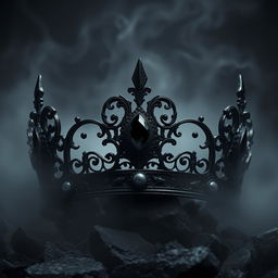 A shadow fantasy black crown adorned with a deep black gemstone, set against a haunting wasteland of black stone