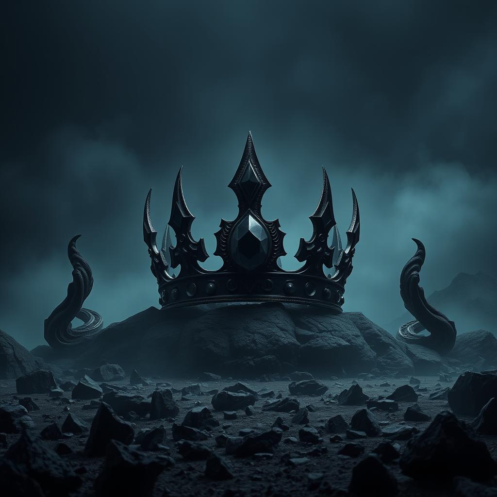 A stunning fantasy scene featuring a shadowy black crown adorned with a brilliant black gemstone, set against a desolate wasteland of jagged black stones under a dark night sky