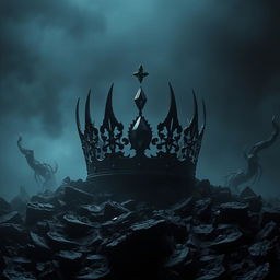 A stunning fantasy scene featuring a shadowy black crown adorned with a brilliant black gemstone, set against a desolate wasteland of jagged black stones under a dark night sky