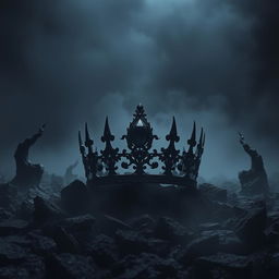 A stunning fantasy scene featuring a shadowy black crown adorned with a brilliant black gemstone, set against a desolate wasteland of jagged black stones under a dark night sky
