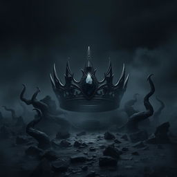 A stunning fantasy scene featuring a shadowy black crown adorned with a brilliant black gemstone, set against a desolate wasteland of jagged black stones under a dark night sky
