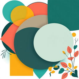 A striking composition of overlapping 2D geometric shapes such as circles, triangles, and squares, intertwined with organic shapes like flowing curves, leaves, and abstract floral patterns