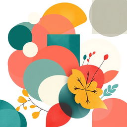 A striking composition of overlapping 2D geometric shapes such as circles, triangles, and squares, intertwined with organic shapes like flowing curves, leaves, and abstract floral patterns