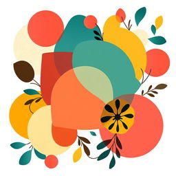 A striking composition of overlapping 2D geometric shapes such as circles, triangles, and squares, intertwined with organic shapes like flowing curves, leaves, and abstract floral patterns