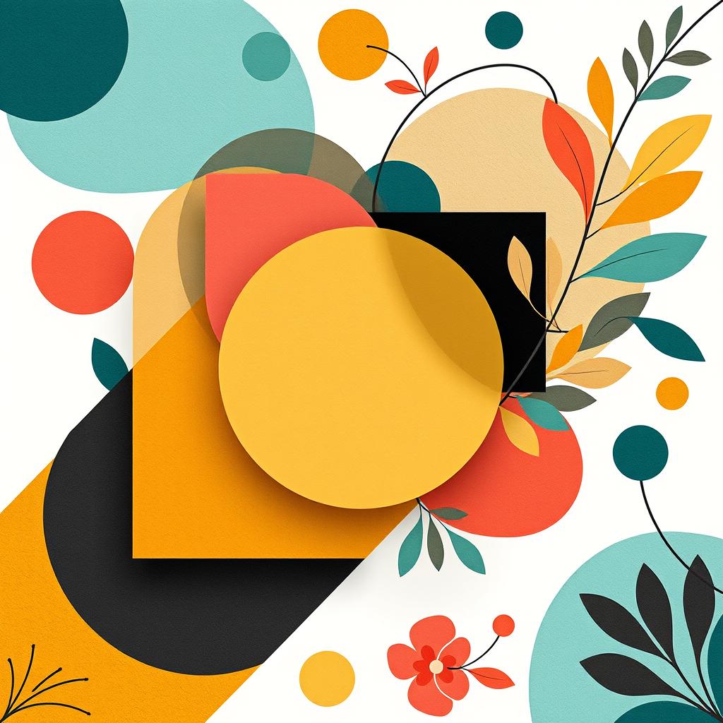 A striking composition of overlapping 2D geometric shapes such as circles, triangles, and squares, intertwined with organic shapes like flowing curves, leaves, and abstract floral patterns