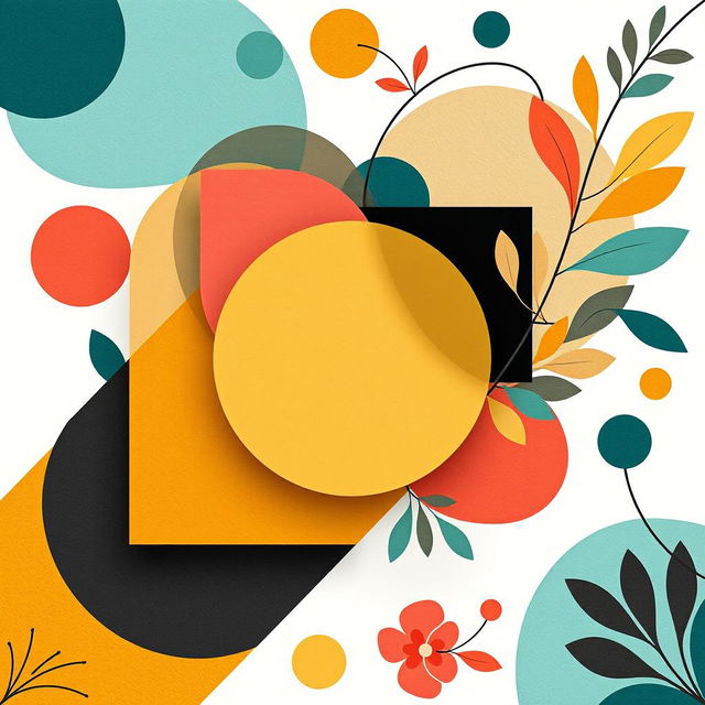A striking composition of overlapping 2D geometric shapes such as circles, triangles, and squares, intertwined with organic shapes like flowing curves, leaves, and abstract floral patterns