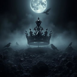 A captivating shadow fantasy scene featuring a majestic black crown adorned with a striking black gemstone, set against a desolate wasteland of black stone