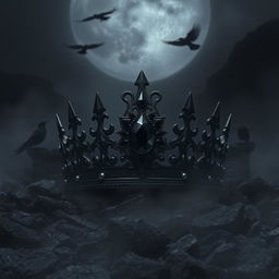 A captivating shadow fantasy scene featuring a majestic black crown adorned with a striking black gemstone, set against a desolate wasteland of black stone