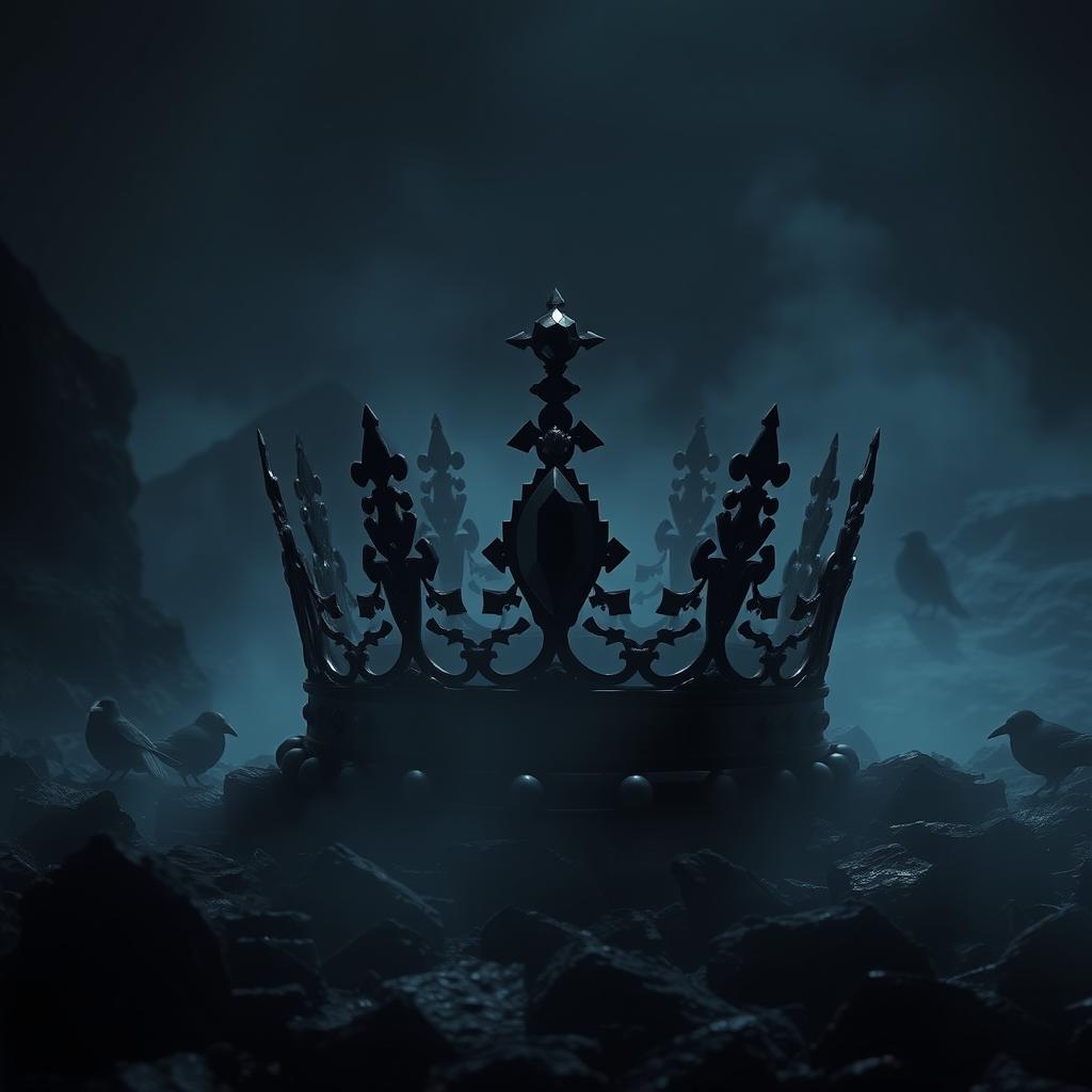 A captivating shadow fantasy scene featuring a majestic black crown adorned with a striking black gemstone, set against a desolate wasteland of black stone