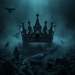 A shadow fantasy scene featuring a realistic black crown adorned with a striking black gemstone, set against a wasteland of jagged black stones