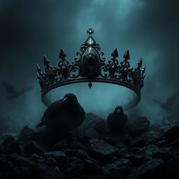 A shadow fantasy scene featuring a realistic black crown adorned with a striking black gemstone, set against a wasteland of jagged black stones
