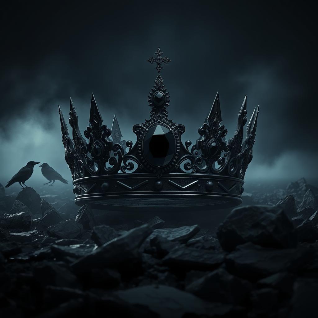 A shadow fantasy scene featuring a realistic black crown adorned with a striking black gemstone, set against a wasteland of jagged black stones