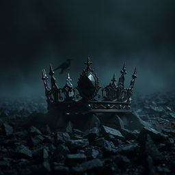 A shadow fantasy scene featuring a realistic black crown adorned with a striking black gemstone, set against a wasteland of jagged black stones
