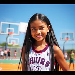 A tall girl with long black hair and striking black eyes, smiling brightly as she plays basketball on a vibrant court