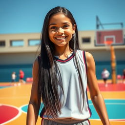 A tall girl with long black hair and striking black eyes, smiling brightly as she plays basketball on a vibrant court