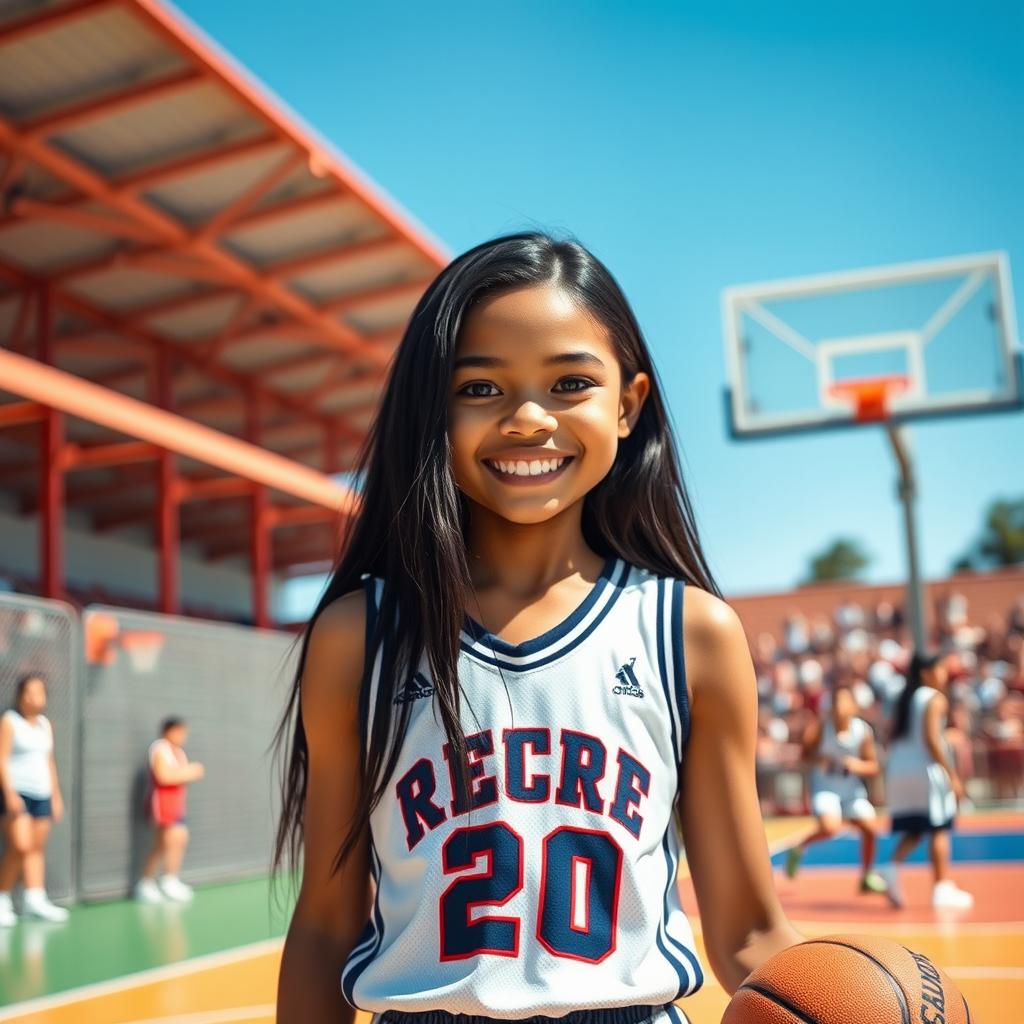 A tall girl with long black hair and striking black eyes, smiling brightly as she plays basketball on a vibrant court
