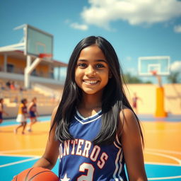 A tall girl with long black hair and striking black eyes, smiling brightly as she plays basketball on a vibrant court
