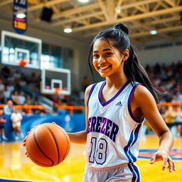 An 18-year-old girl with long tied black hair and deep black eyes, smiling joyfully as she plays basketball on a bright and vibrant court
