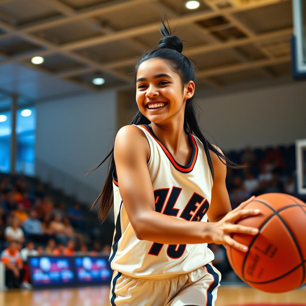 An 18-year-old girl with long tied black hair and deep black eyes, smiling joyfully as she plays basketball on a bright and vibrant court