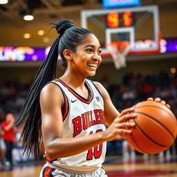 An 18-year-old girl with long tied black hair and deep black eyes, smiling joyfully as she plays basketball on a bright and vibrant court