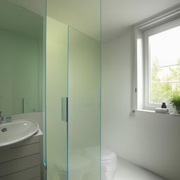 A well-designed bathroom of dimensions 154cm x 180cm, featuring a sleek toilet, a large, reflective mirror, a modern shower, and a convenient washing machine