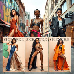A series of high-fashion model advertisements showcasing diverse models with striking poses and unique styles