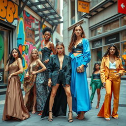 A series of high-fashion model advertisements showcasing diverse models with striking poses and unique styles