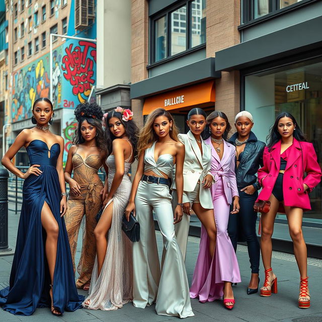 A series of high-fashion model advertisements showcasing diverse models with striking poses and unique styles