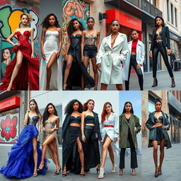 A series of high-fashion model advertisements showcasing diverse models with striking poses and unique styles