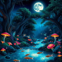 A stunning fantasy landscape featuring a mystical forest illuminated by bioluminescent plants and glowing mushrooms