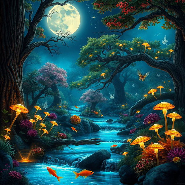 A stunning fantasy landscape featuring a mystical forest illuminated by bioluminescent plants and glowing mushrooms