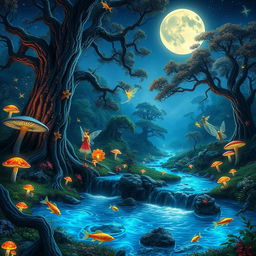 A stunning fantasy landscape featuring a mystical forest illuminated by bioluminescent plants and glowing mushrooms