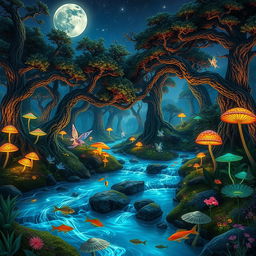 A stunning fantasy landscape featuring a mystical forest illuminated by bioluminescent plants and glowing mushrooms