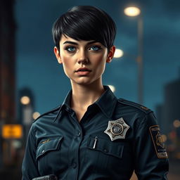 A young female police officer standing confidently, with short black hair and striking blue eyes