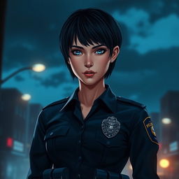 A young female police officer standing confidently, with short black hair and striking blue eyes