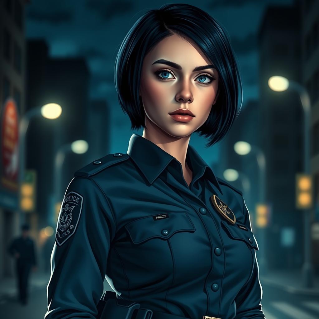 A young female police officer standing confidently, with short black hair and striking blue eyes