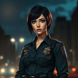A young female police officer standing confidently, with short black hair and striking blue eyes