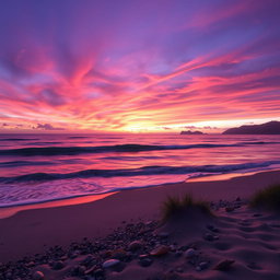 A mystical and enchanting sea landscape at dusk, featuring gentle waves lapping against the shore