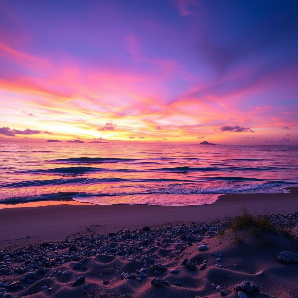 A mystical and enchanting sea landscape at dusk, featuring gentle waves lapping against the shore