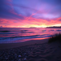 A mystical and enchanting sea landscape at dusk, featuring gentle waves lapping against the shore