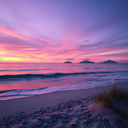 A mystical and enchanting sea landscape at dusk, featuring gentle waves lapping against the shore
