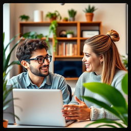 A vibrant, modern digital environment showcasing two individuals engaged in a friendly and insightful 1-on-1 video chat