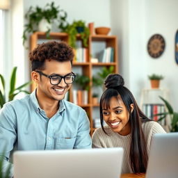 A vibrant, modern digital environment showcasing two individuals engaged in a friendly and insightful 1-on-1 video chat