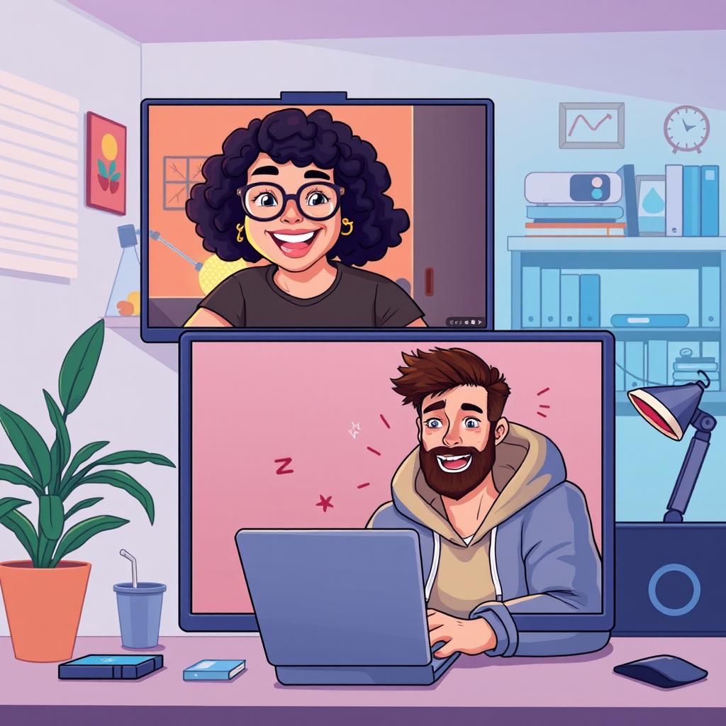 A digital illustration of two people engaging in a lively 1-on-1 video chat