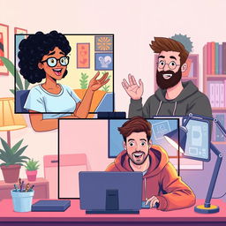 A digital illustration of two people engaging in a lively 1-on-1 video chat