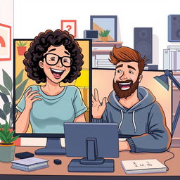 A digital illustration of two people engaging in a lively 1-on-1 video chat