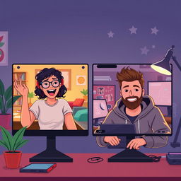A digital illustration of two people engaging in a lively 1-on-1 video chat
