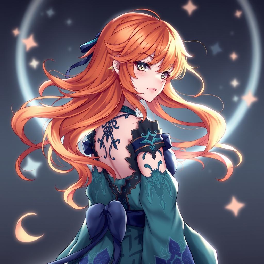 A stunning female original character from Genshin Impact, featuring wavy orange hair that extends to her shoulders and captivating gray eyes