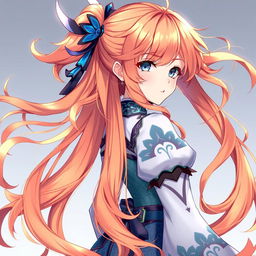 A stunning female original character from Genshin Impact, featuring wavy orange hair that extends to her shoulders and captivating gray eyes