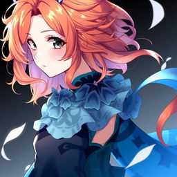 A stunning female original character from Genshin Impact, featuring wavy orange hair that extends to her shoulders and captivating gray eyes